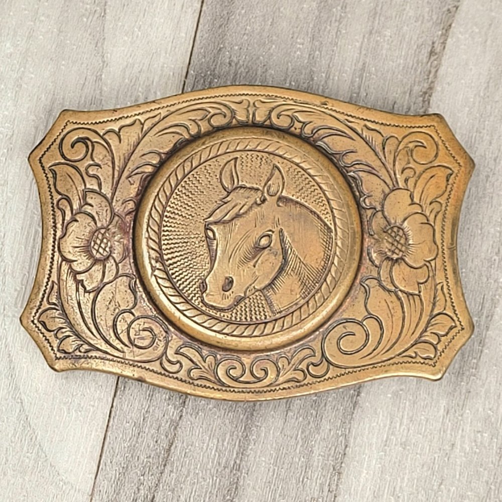 Vintage Brass Belt Buckle Horse Head & Flowers Womens Cowgirl